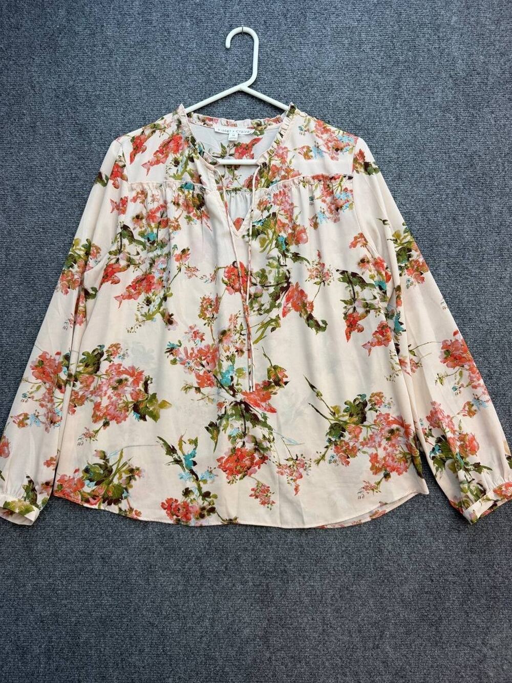 Violet + Claire Women's M Floral Peasant Blouse Long Sleeve Tie Neck Boho